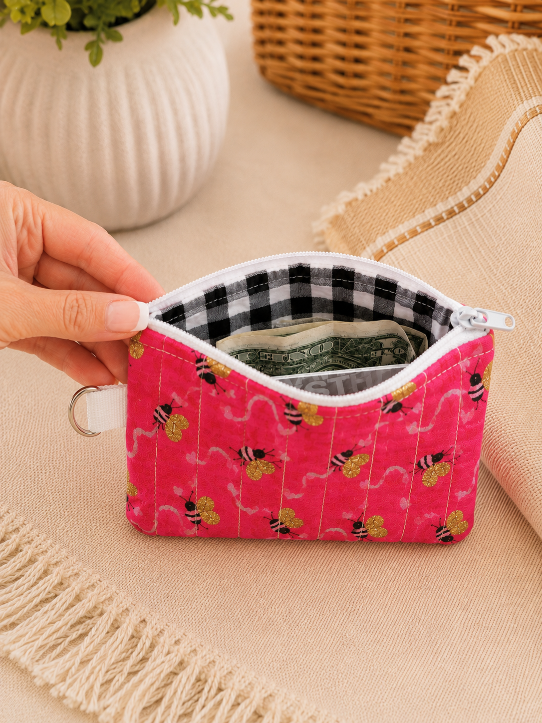 Pink Bee Quilted Keychain Wallet | Small Zipper Wallet