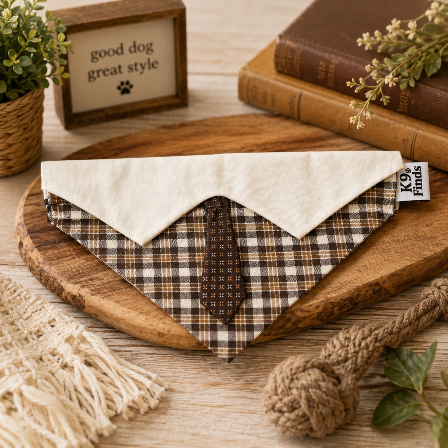 Brown Plaid Over-the-Collar Dog Bandana with Tie