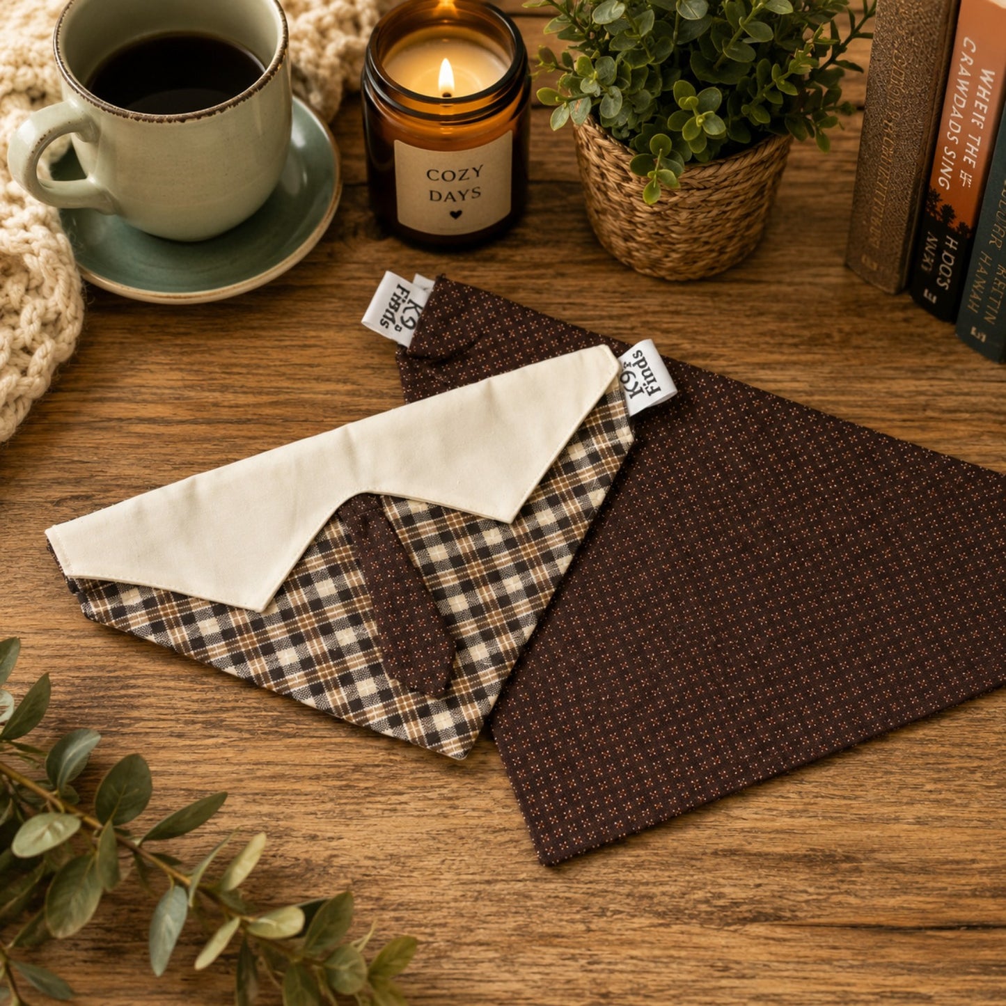 Brown Plaid Over-the-Collar Dog Bandana with Tie