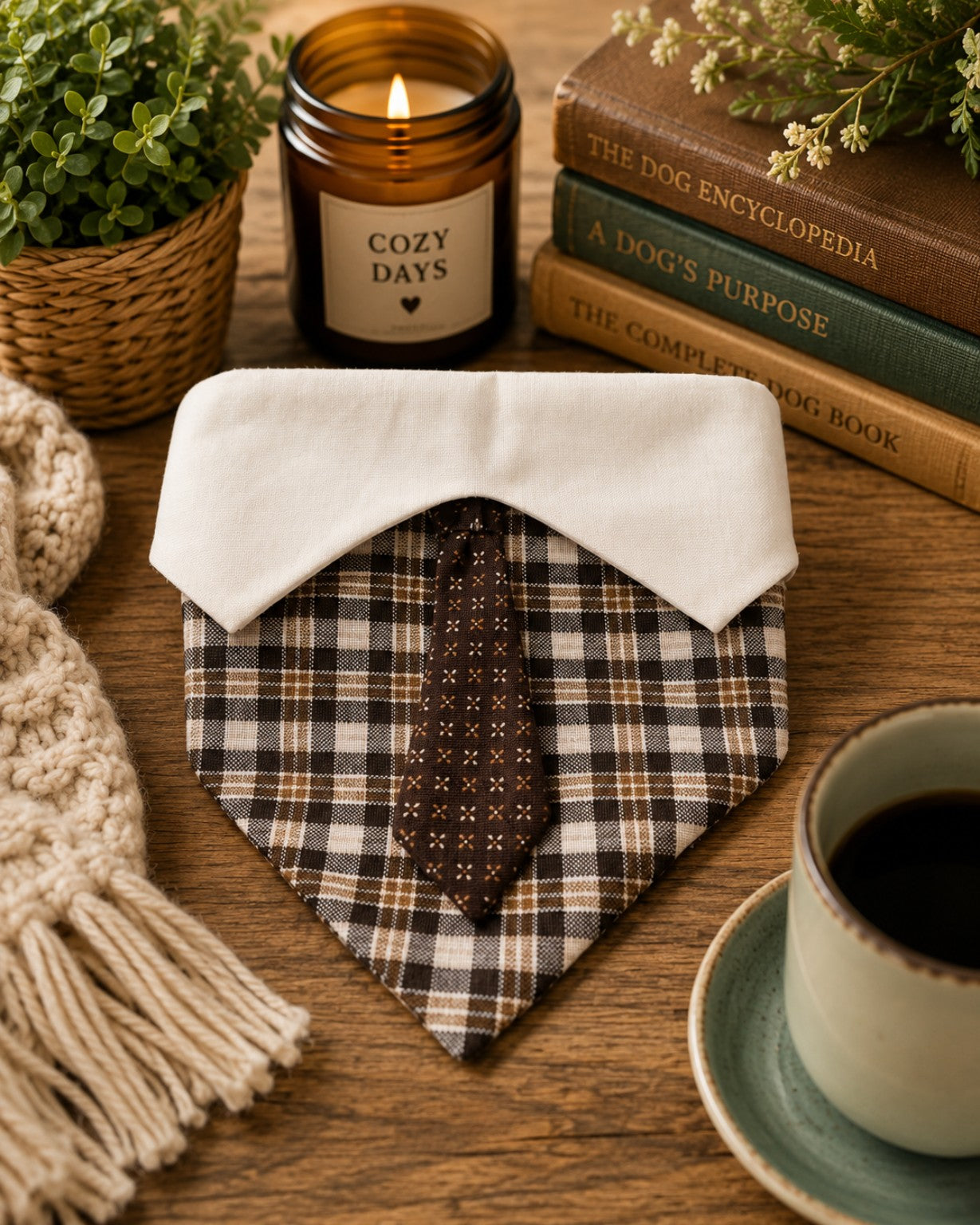 Brown Plaid Over-the-Collar Dog Bandana with Tie