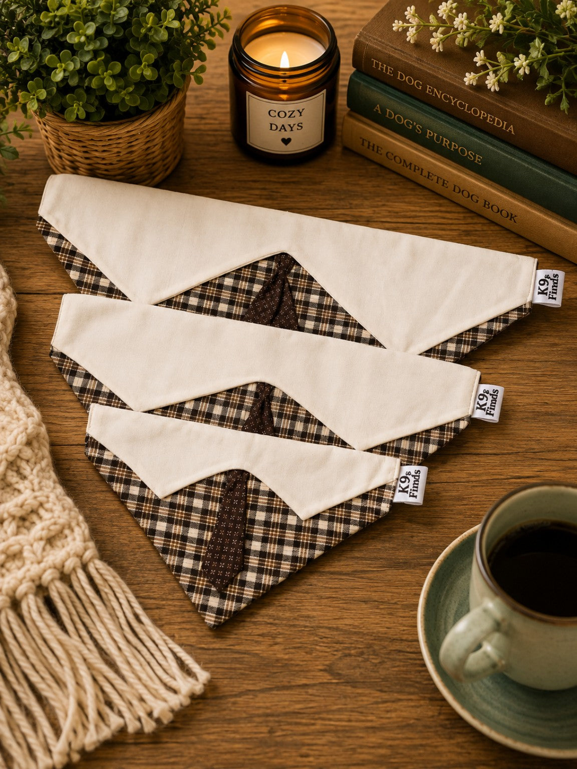 Brown Plaid Over-the-Collar Dog Bandana with Tie