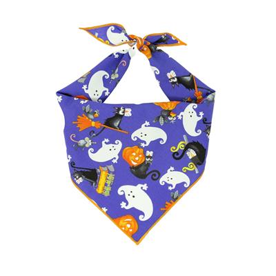 Halloween Dog Bandana Ghosts Purple with Orange Hem
