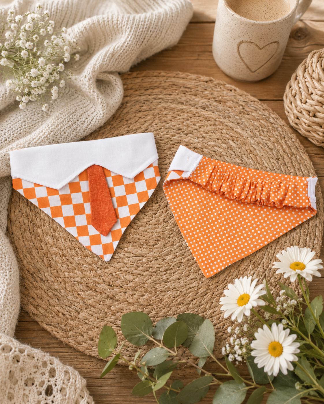 Orange Checkered Scrunchie Dog Bandana with Tie