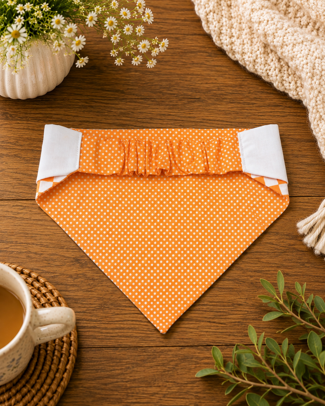 Orange Checkered Scrunchie Dog Bandana with Tie