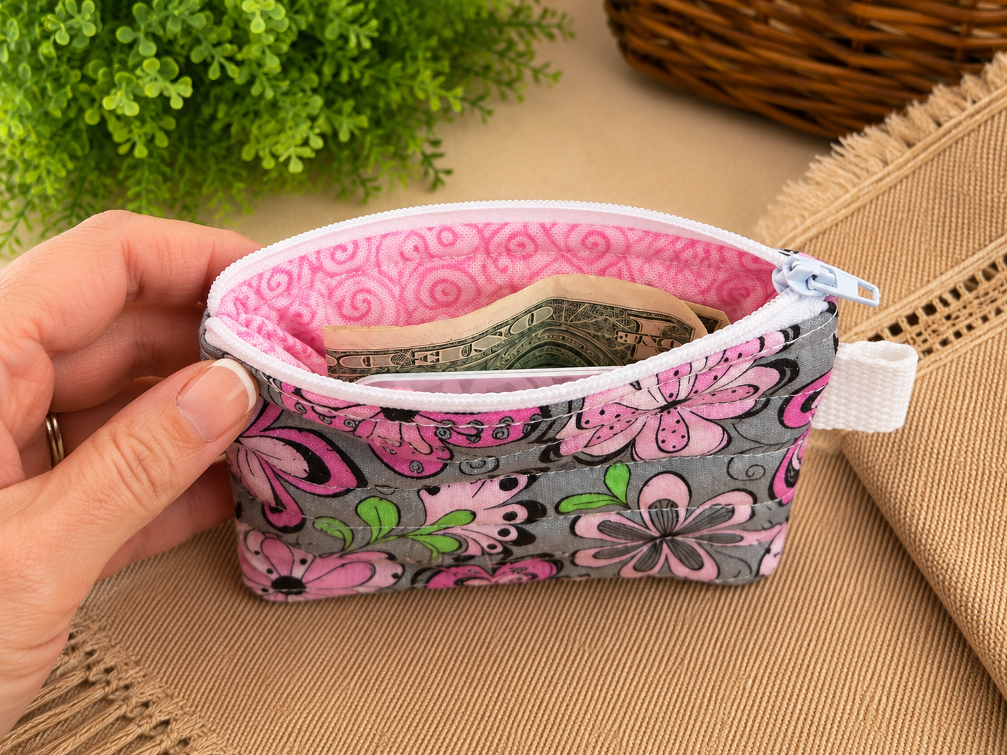 Pink & Gray Floral Keychain Wallet