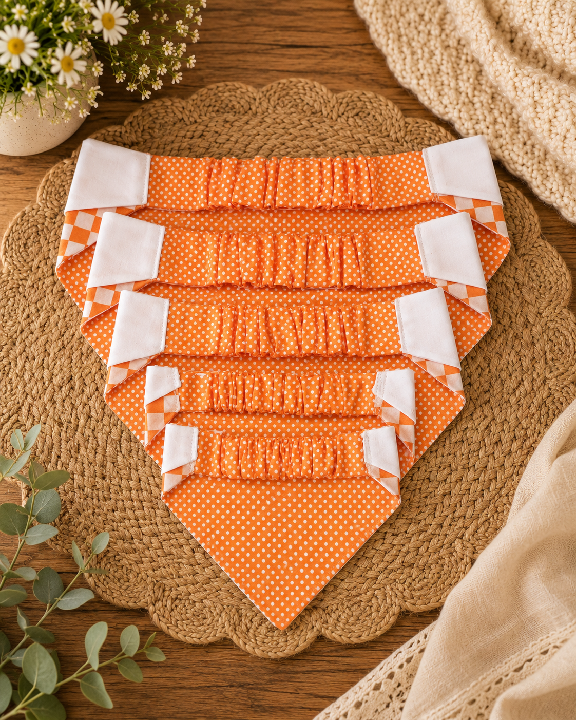 Orange Checkered Scrunchie Dog Bandana with Tie