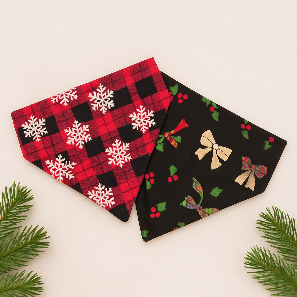 Christmas Dog Bandana Holly Plaid Over The Collar