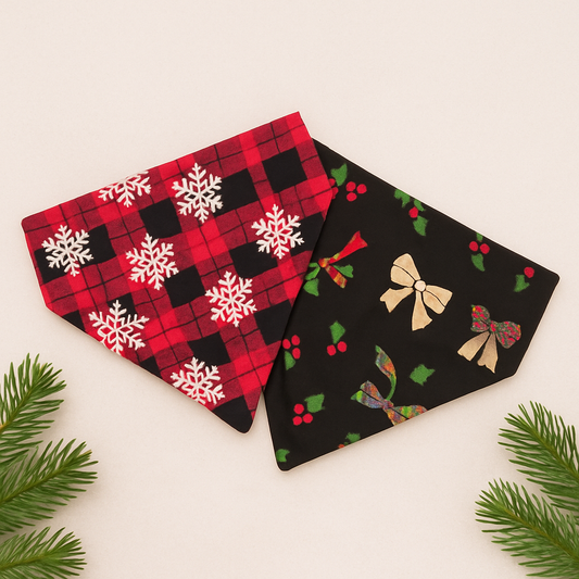 Christmas Dog Bandana Holly Plaid Over The Collar