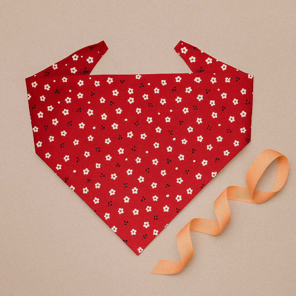 Red Floral Dog Tie Bandana White Petals Print