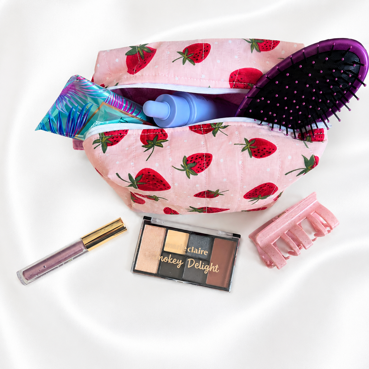 Strawberry Quilted Boxy Makeup Bag