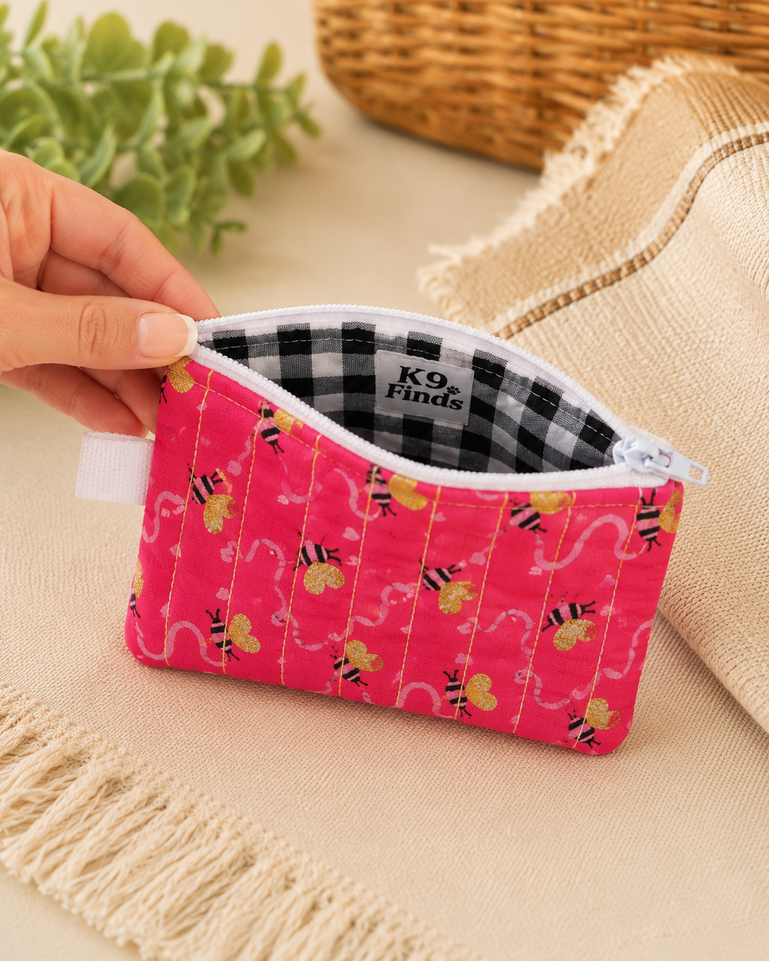Pink Bee Quilted Keychain Wallet | Small Zipper Wallet