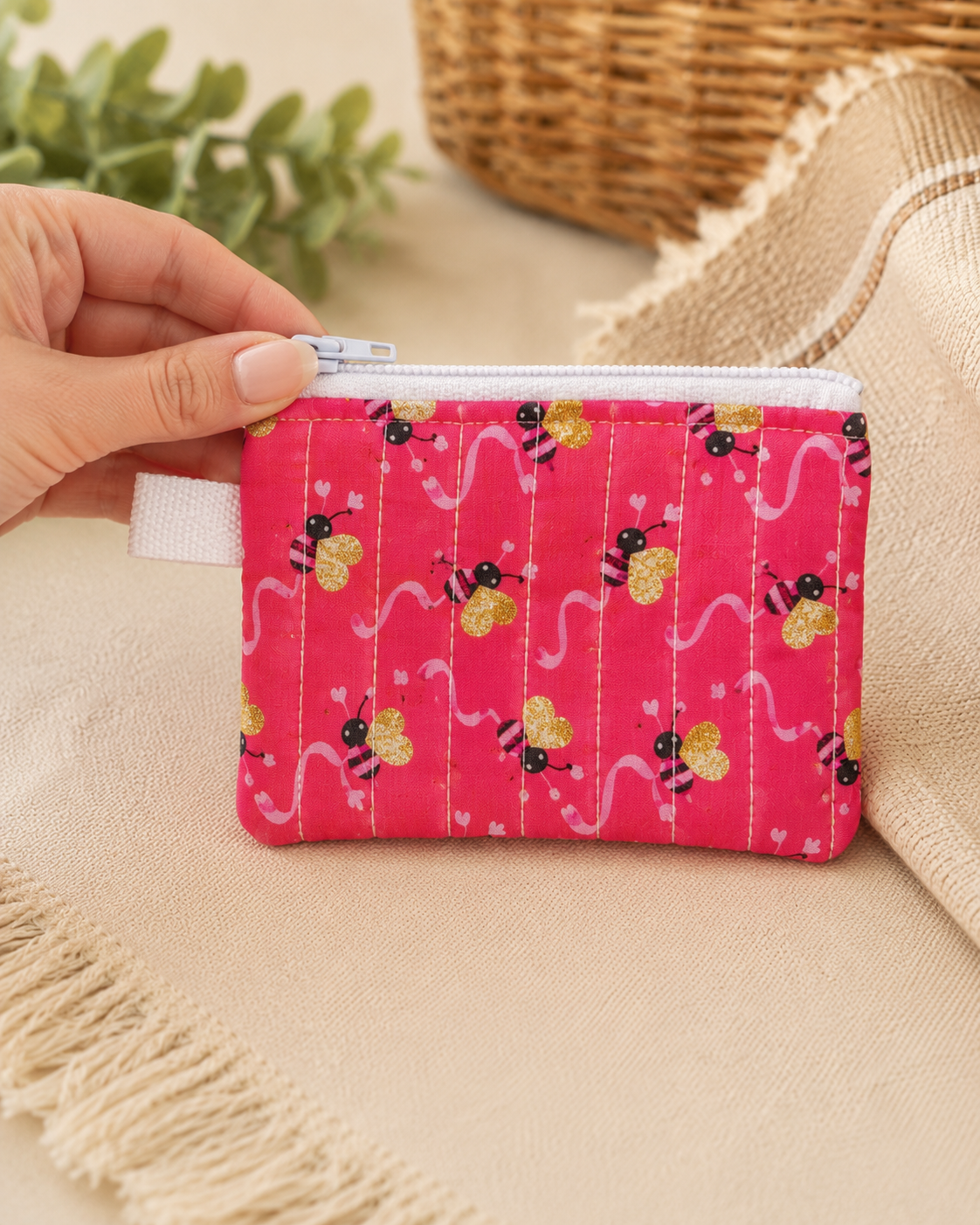 Pink Bee Quilted Keychain Wallet | Small Zipper Wallet