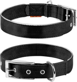 Adjustable Reflective Nylon Dog Collar - Heavy Duty with Metal Buckle for Small, Medium & Large Dogs (18-22” Neck, Black)