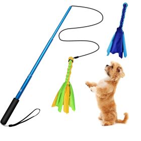 Dog Flirt Pole Extendable Teaser Wand with Two Replaceable Tail Toys for Interactive Play