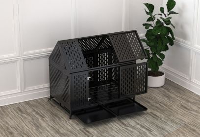 45" Heavy Duty Dog Crate; Indestructible Pet Dog Cage; Crate Kennel with Roof Top 2 Doors Removable Trays; Lockable Wheels